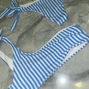 Blue and white striped one shoulder bikini